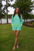 Green and Blue Striped Pull Over and Elastic Waist Shorts Matching Set