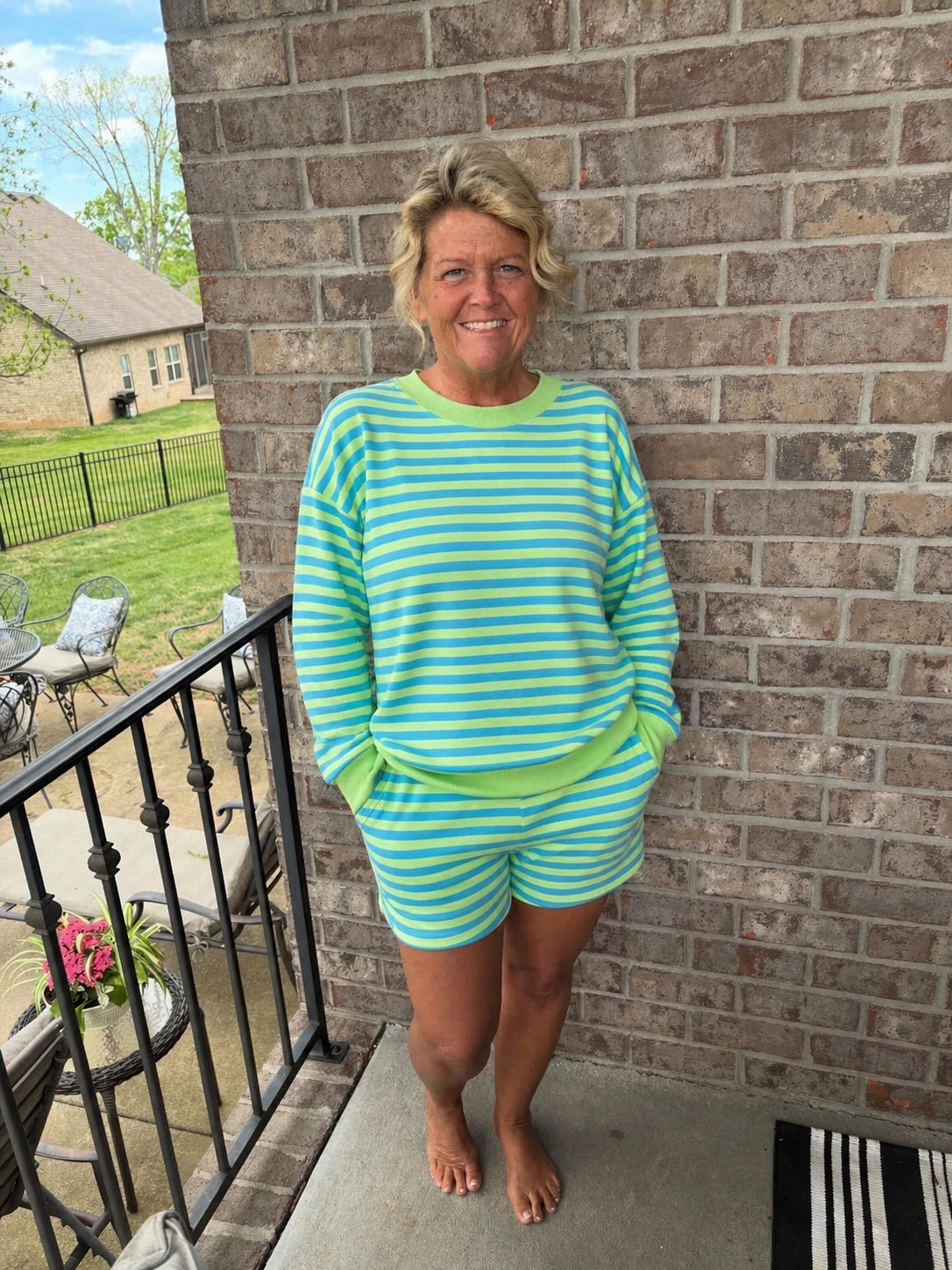 Green and Blue Striped Pull Over and Elastic Waist Shorts Matching Set