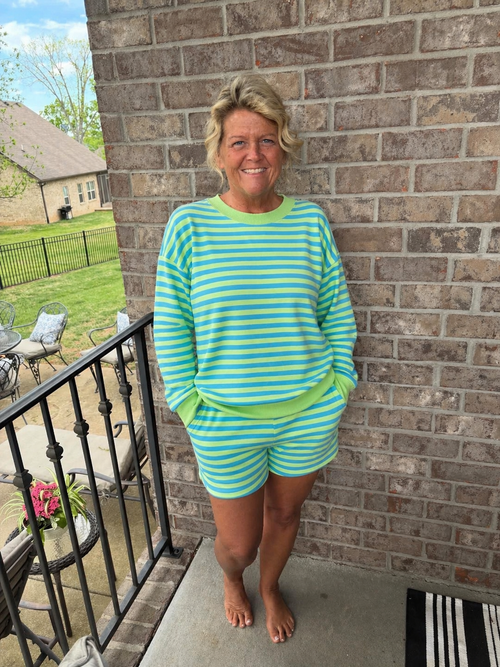 Green and Blue Striped Pull Over and Elastic Waist Shorts Matching Set