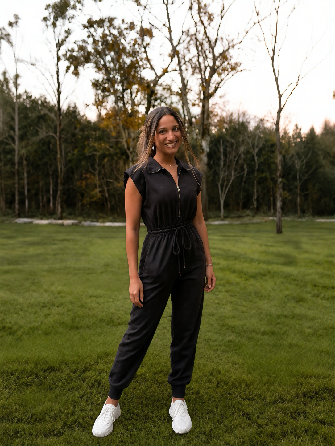 Black Drawstring Elastic Waist Jump Suit
