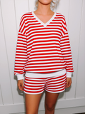 Red Striped Casual V-Neck Long Sleeve & Shorts Set