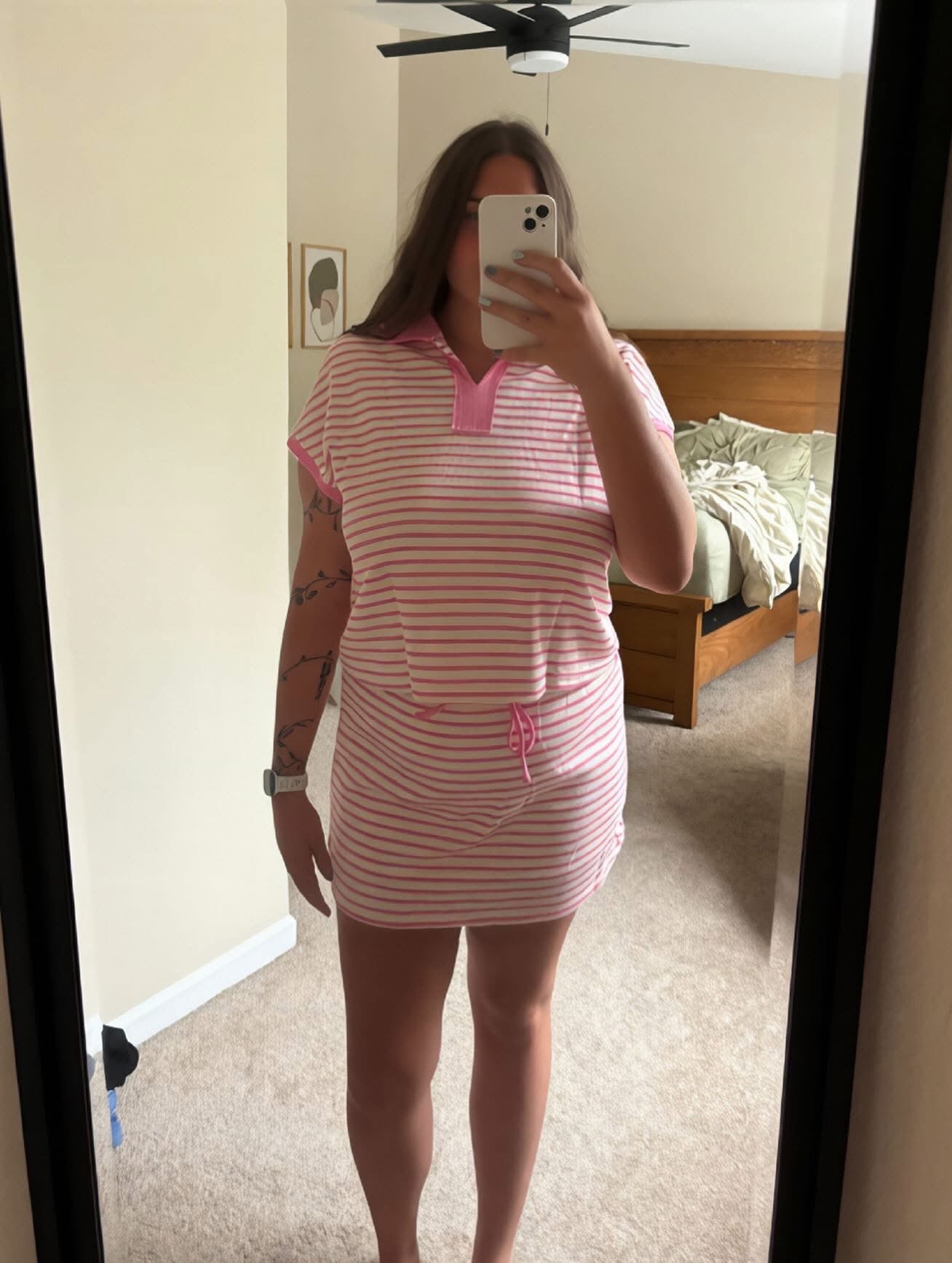 Pink color block polo tee skort set
